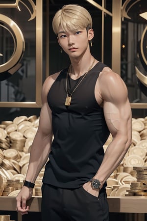 intricate detail, 18 year old, young handsome asian male wearing black tanktop,  kpop,ikemen, blue eyes, handsome, earrings, gold necklace, luxuary golden omega watch,  blond hair, big muscle, physique, fitness model, wealthy, billionair,  standing, surrounded by thousands of gold coins of bitcoin, doing lecture