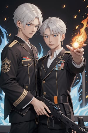 intricate detail, two young Japansehandsome males with military uniform and holding guns, fighting, blue eyes, handsome, earrings, silver hair, earrings, big blue flame, big orange flame, 