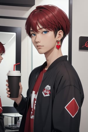 intricate detail, male face,ikemen, kpop, holding a paper coffee cup with heart logos, blue eyes, handsome, earrings, glittering wine red color hair with stylish hair style, selfie, stylish, jacket and T-shirt with vivid color design art, earrings, young handsome asian male, vivid color, infront of mirror, realistic skin color, realistic right reflection
