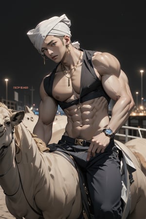 intricate detail, 18 year old, young handsome asian male wearing blue gorgeous underware with jewels,  kpop,ikemen, blue eyes, handsome, earrings, gold necklace, luxuary golden omega watch,  blond hair, big muscle, physique, fitness model, wealthy, billionair,  shirtless, turban, riding a camel,   dubai night background