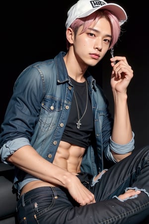 young  handsome male kpop idol with pink and blond hair, wears a black t-shirt cap, written "Hiro", denim jacket, black jeans, as if he wants to get out of the broken iPhone 13 screen, with a cold face, one leg is out, both hands are holding on the side of the screen, various icons of Facebook, WhatsApp, Instagram, etc. , and colorful water splashes spreading in the background create realistic 3D and high resolution HD work. Black background
