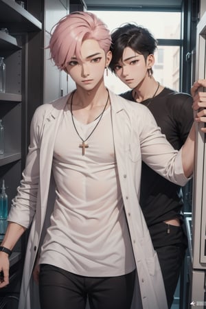 gay male relationship,male face,ikemen, kpop,ikemen, kpop,ikemen, handsome, black t-shirt, necklace, earrings, pink blond hair, white coat, mad scientist, lab