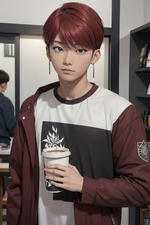 intricate detail, male face,ikemen, kpop, holding a paper coffee cup with heart logos, green eyes, handsome, earrings, glittering wine red color hair with stylish hair style, selfie, stylish, black jacket and white T-shirt with vivid color design art, earrings, young handsome asian male, vivid color, infront of mirror, realistic skin color, realistic right reflection