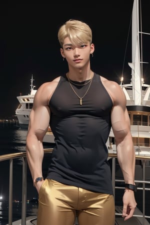 intricate detail, 18 year old, young handsome asian male wearing black tanktop,  kpop,ikemen, blue eyes, handsome, earrings, gold necklace, luxuary golden omega watch,  blond hair, big muscle, physique, fitness model, wealthy, billionair,  standing,  luxuary yacht,  dubai night background