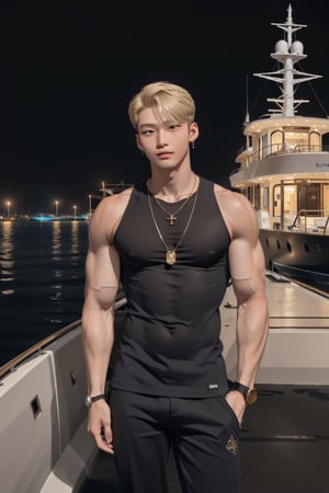 intricate detail, 18 year old, young handsome asian male wearing black tanktop,  kpop,ikemen, blue eyes, handsome, earrings, gold necklace, luxuary golden omega watch,  blond hair, big muscle, physique, fitness model, wealthy, billionair,  standing,  luxuary yacht,  dubai night background