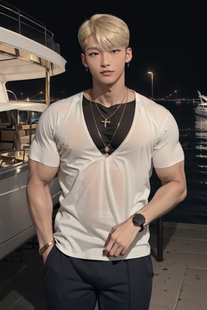 intricate detail, 18 year old, young handsome asian male wearing black tanktop,  kpop,ikemen, blue eyes, handsome, earrings, gold necklace, luxuary golden omega watch,  blond hair, big muscle, physique, fitness model, wealthy, billionair,  standing, in front of luxuary yacht,  dubai night background