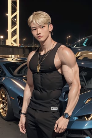 intricate detail, 18 year old, young handsome asian male wearing black tanktop,  kpop,ikemen, blue eyes, handsome, earrings, gold necklace, luxuary golden omega watch,  blond hair, big muscle, physique, fitness model, wealthy, billionair,  standing, in front of glittering supercar,  dubai night background
