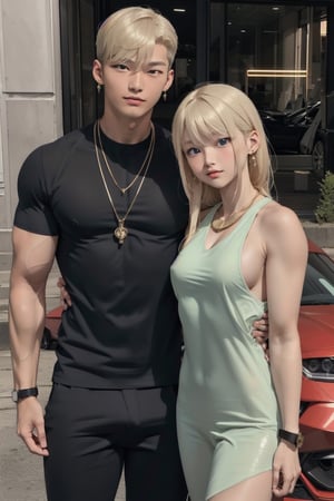 intricate detail, 18 year old, young handsome asian male wearing black tanktop, kpop,ikemen, blue eyes, handsome, earrings, gold necklace, luxuary golden omega watch,  blond hair, big muscle, physique, fitness model, wealthy, standing along with a young beautiful girl  with gorgeous dress and blond hair, in front of glitterinng blue supercar, couple of boy and girl