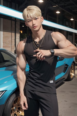 intricate detail, 18 year old, young handsome asian male wearing black tanktop, kpop,ikemen, blue eyes, handsome, earrings, gold necklace, luxuary golden omega watch,  blond hair, big muscle, physique, fitness model, wealthy, standing along with young beautiful asian lady with sexy dance clothes and blond hair, in front of glitterinng blue supercar