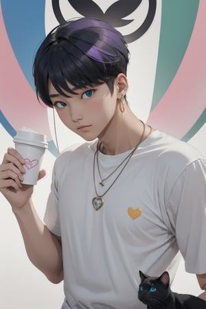 masterpiece, top quality, intricate detail, a young asian hansome male, 18 year old, short fashionable beautiful rainbow color hair, blue eyes, necklace, earrings, slim muscle, smooth skin, realistic skin, with holding a black cat, holding a paper coffee cup with pink heart logo, valentine's day