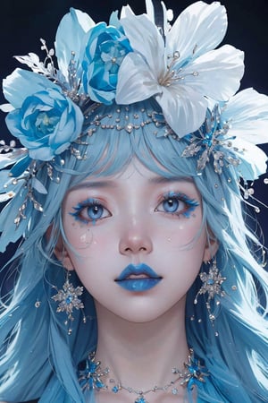 blue theme, snowflakes, looking at viewer, portrait, colorful hair, jewelry, close up, ultra high res, deep shadow,(best quality, masterpiece), dimly lit, shade,highly detailed, bold makeup, flower, simple background, depth of field, film grain, fashion_girl, accessories,High detailed 