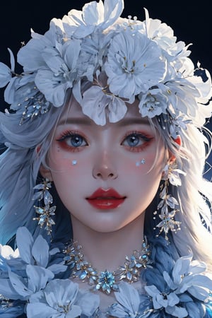 blue theme, snowflakes, looking at viewer, portrait, colorful hair, jewelry, close up, ultra high res, deep shadow,(best quality, masterpiece), dimly lit, shade,highly detailed, bold makeup, flower, simple background, depth of field, film grain, fashion_girl, accessories,High detailed 