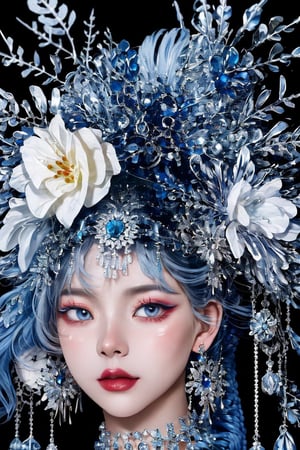 blue theme, snowflakes, looking at viewer, portrait, colorful hair, jewelry, close up, ultra high res, deep shadow,(best quality, masterpiece), dimly lit, shade,highly detailed, bold makeup, flower, simple background, depth of field, film grain, fashion_girl, accessories,High detailed ,karinalorashy