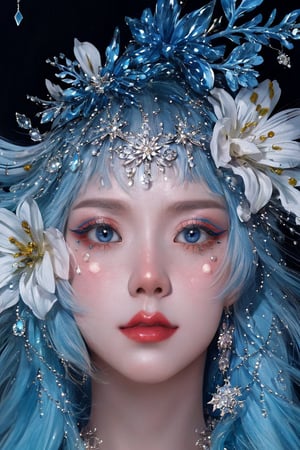 blue theme, snowflakes, looking at viewer, portrait, colorful hair, jewelry, close up, ultra high res, deep shadow,(best quality, masterpiece), dimly lit, shade,highly detailed, bold makeup, flower, simple background, depth of field, film grain, fashion_girl, accessories,High detailed ,jisoolorashy