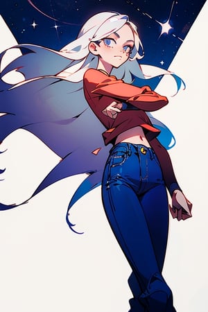 A handsome girl , masterpiece, detailed, anime,best quality, high quality, masterpiece, dark night sky, dark eyes, dark jeans, two arms, white hair