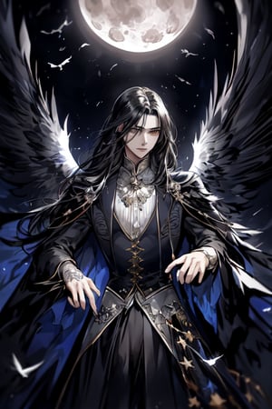 best quality, masterpiece, extremely detailed, detailed background, "In the moonlit night, a lone black-haired boy stands beneath a star-studded sky. His hair ripples in the gentle breeze, and he is surrounded by a murder of crows, their dark feathers creating a stark contrast against the night. The boy's eyes hold a mysterious and enigmatic glint as he reaches out, his fingers almost touching the outstretched wing of the largest crow. The scene is both haunting and captivating, a moment frozen in time,1 girl