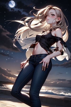 A handsome girl , masterpiece, detailed, anime,best quality, high quality, masterpiece, dark night sky, dark eyes, dark jeans, two arms, white hair,JAR