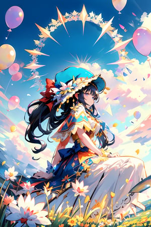 (panorama, wide shot), best quality, masterpiece, extremely detailed, detailed background, (from below:1.2), 1girl, solo, black hair,looking at viewer, red shirts, long hair, wavy hair, on side, fluffy hair, french , (white hat), capelet, lace trim, bodice, blue sky, sunshine,long dress, ,sunny,scenery, grassland, high place, horizon, balloons, falling from the sky.,glitter