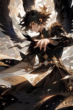 best quality, masterpiece, extremely detailed, detailed background, "In the moonlit night, a lone black-haired boy stands beneath a star-studded sky. His hair ripples in the gentle breeze, and he is surrounded by a murder of crows, their dark feathers creating a stark contrast against the night. The boy's eyes hold a mysterious and enigmatic glint as he reaches out, his fingers almost touching the outstretched wing of the largest crow. The scene is both haunting and captivating, a moment frozen in time,1 girl