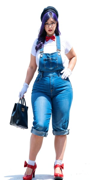 1girl, solo, long hair, bangs, blue eyes, simple background, shirt, gloves, hat, white background, bow, standing, full body, purple hair, shoes, glasses, socks, bowtie, red bow, cosplay, suspenders, clothes writing, blue footwear, overalls, yellow gloves