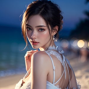 (best quality, masterpiece:1.2),ultra detailed,(photo realistic:1.4),solo,sexy lady,summer lace dress,night beach,blurry_light_background