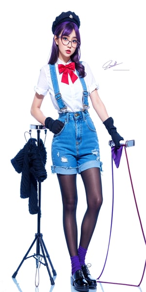 1girl, solo, long hair, bangs, blue eyes, simple background, shirt, gloves, hat, white background, bow, standing, full body, purple hair, shoes, glasses, socks, bowtie, red bow, cosplay, suspenders, clothes writing, blue footwear, overalls, yellow gloves