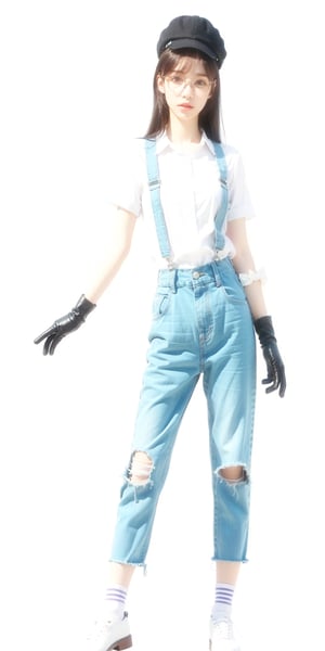 1girl, solo, long hair, bangs, blue eyes, simple background, shirt, gloves, hat, white background, bow, standing, full body, purple hair, shoes, glasses, socks, bowtie, red bow, cosplay, suspenders, clothes writing, blue footwear, overalls, yellow gloves