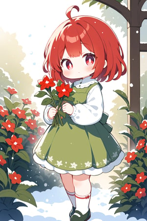 1girl, solo, looking at viewer, blush, short hair, bangs, shirt, red eyes, long sleeves, dress, holding, standing, white shirt, flower, ahoge, red hair, socks, medium hair, chibi, book, leaf, plant, white socks, red flower, snow, green dress, minigirl, snowing, holding flower