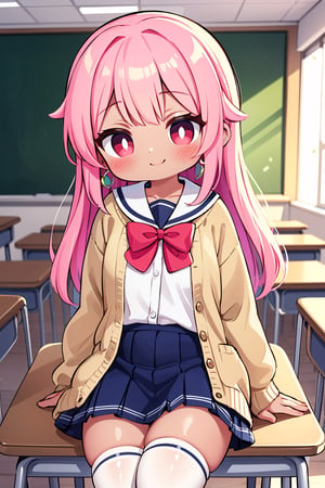 vibrant colors, female, masterpiece, sharp focus, best quality, depth of field, cinematic lighting, thighhighs, white thighhighs, sitting, skirt, cardigan, multicolored hair, pink hair, blush, green hair, long hair, bow, desk, long sleeves, red eyes, smile, indoors, shirt, school uniform, brown cardigan, pleated skirt, bowtie, school desk, classroom, skindentation, zettai ryouiki, blue skirt, white shirt, chair, plaid, earrings, colored inner hair, dark_skin, 