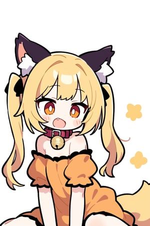 1girl, animal ears, solo, blonde hair, long hair, twintails, collar, bell, sitting, fang, open mouth,white background