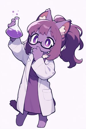 1girl, furry, purple fur, solo, long hair, bangs, simple background, long sleeves, dress, holding, animal ears, closed mouth, purple eyes, tail, ponytail, purple hair, glasses, cat ears, cat tail, animal ear fluff, cat girl, semi-rimless eyewear, bright pupils, purple dress, purple background, under-rim eyewear, labcoat,  flask, full body, hand on mouth 