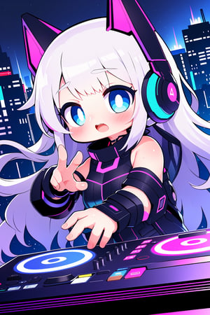 1girl, solo, digital painting, neon lights, DJ booth, headphones, turntable, dynamic pose, mixing music, futuristic cityscape background, colorful laser lights, metallic silver hair, glowing blue eyes, sleek black DJ attire with LED accents, pulsating music waves, crowd silhouette in the distance, energetic expression, floating music notes, urban skyline with skyscrapers, electronic dance music vibes, fingers adjusting sliders on a mixer, city nightlife atmosphere.