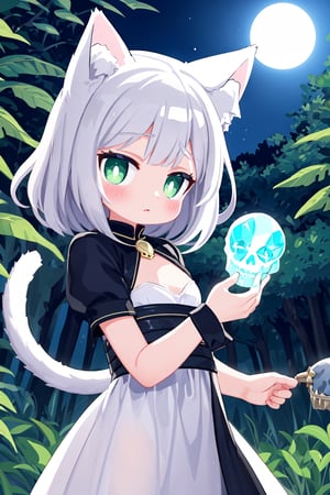 1girl, solo, watercolor, young adult, cat ears, cat tail, forest, holding a crystal skull, moonlight, mystical atmosphere, silver hair, green eyes, detailed clothing, long flowing dress, ethereal glow, dark and mysterious, moonlit clearing, lush vegetation, magical aura, enchanting ambiance