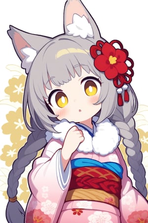 1girl, solo, long hair, looking at viewer, blush, bangs, simple background, hair ornament, long sleeves, white background, animal ears, yellow eyes, braid, flower, grey hair, parted lips, japanese clothes, cat ears, hair flower, wide sleeves, kimono, twin braids, animal ear fluff, sash, obi, floral print, red flower, floral background, print kimono, masterpiece, best quality 