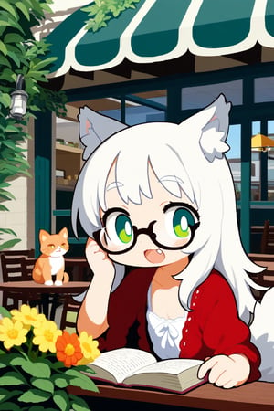 1girl, wolf ears, wolf tail, white hair, long hair, green eyes, glasses, confident, upper body, fang, plant, cafe, coffee, book, table, sunshine, flower, cat, loli, flat chest 