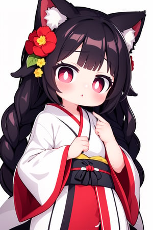 a very anime-looking painting depicting a person in a costume holding something, 1girl, solo, japanese clothes, flower, braid, hair ornament, animal ears, white background, 