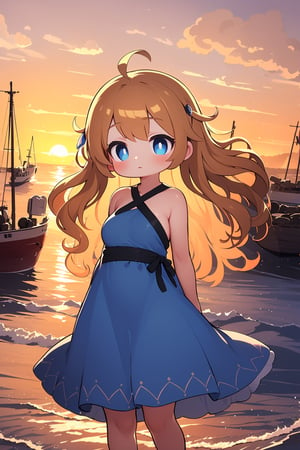 1girl, solo, standing, oil painting, windswept hair, blonde, long wavy hairstyle, no hair accessory, blue eyes, round-shaped, peaceful expression, medium breasts, elegant dress, flowing fabric, harbor background, ships, sunset, warm colors,