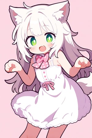 1girl, solo, wolf ears, wolf tail, green eyes, long hair, white hair, white dress, lace_trim, flat chest, cat ear, sleeveless, cat pose, :d, fang, pink bow, pink polka dot and white background, simple background