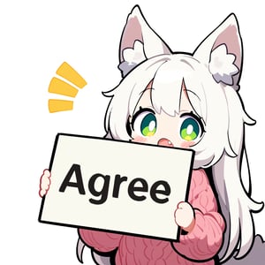 1girl, solo, long hair, looking at viewer, blush, open mouth, simple background, long sleeves, white background, holding, animal ears, green eyes, tail, upper body, white hair, :o, sweater, animal ear fluff, bright pupils, sign, notice lines, pink sweater, holding sign, fang, agree 