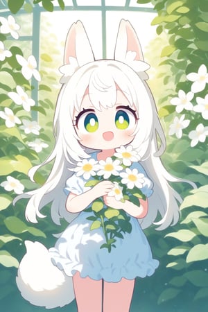 1girl, solo, greenhouse, flowers, cute style, kawaii, (white plant:1.2) , long hair, white hair, green eyes, sunlight, animal_ears, animal_tail, :D