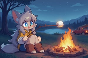 A furry girl is camping, sitting next to the campfire and roasting marshmallows. She has gray hair, long gray hair and blue eyes. She is wearing casual clothes. In the background is a lakeside camping area with a pickup truck car