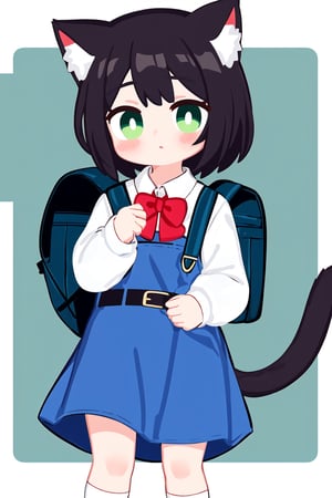 1girl, cat ears, tail, nice hands, perfect hands, green eyes, backpack, pinafore dress, white shirt, white socks, long sleeves, aged down, short hair, belt, red bowtie, bangs, school uniform, blue dress, collared shirt