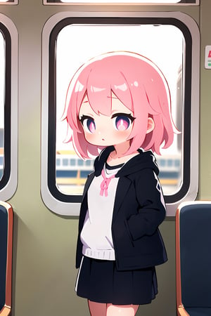 (masterpiece), 1girl, pink hair, train interior