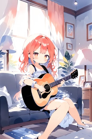 (watercolor:1.6), 1girl,solo,indoor, music,guitar , curtains, sunlight, sofa, table lamp, plants, European style, colorful, cute_style ,masterpiece, best quality,