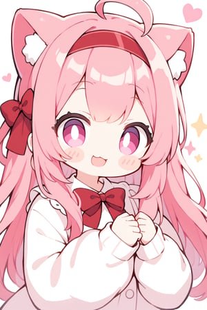 1girl, solo, long hair, looking at viewer, blush, smile, open mouth, simple background, shirt, hair ornament, long sleeves, white background, bow, upper body, pink hair, ahoge, hair bow, heart, hairband, pink eyes, hair bun, red bow, sparkle, black bow, :3, blush stickers, red hairband