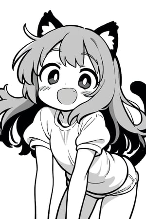 1girl, solo, long hair, smile, open mouth, animal ears, tail, monochrome, greyscale, fang, cat ears