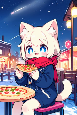 1girl, Street, night, starry sky, scarf, snow, cold, street lights, neon lights, outdoor restaurant, 🍕, chairs, tables, fire,furry, animal ear, animal tail 