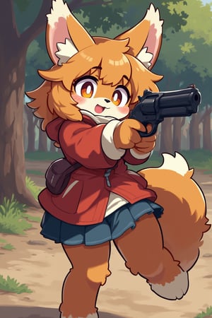 A furry girl is at the shooting range and she is holding a Revolver, anime style, child body