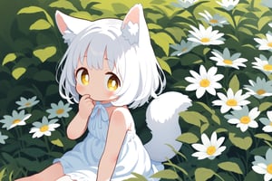 1girl, solo, looking at viewer, blush, short hair, bangs, dress, animal ears, bare shoulders, sitting, tail, yellow eyes, flower, white hair, sleeveless, hand up, white dress, animal ear fluff, bare arms, sleeveless dress, white flower, child, female child, aged_down, hand to own mouth,  outdoors, photo_background