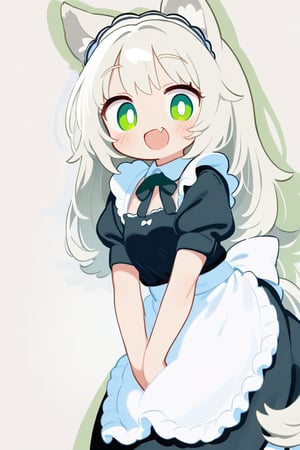 1girl, wolf ears, wolf tail, white hair, long hair, maid, :d, fang, green eyes, black maid outfit, white background 